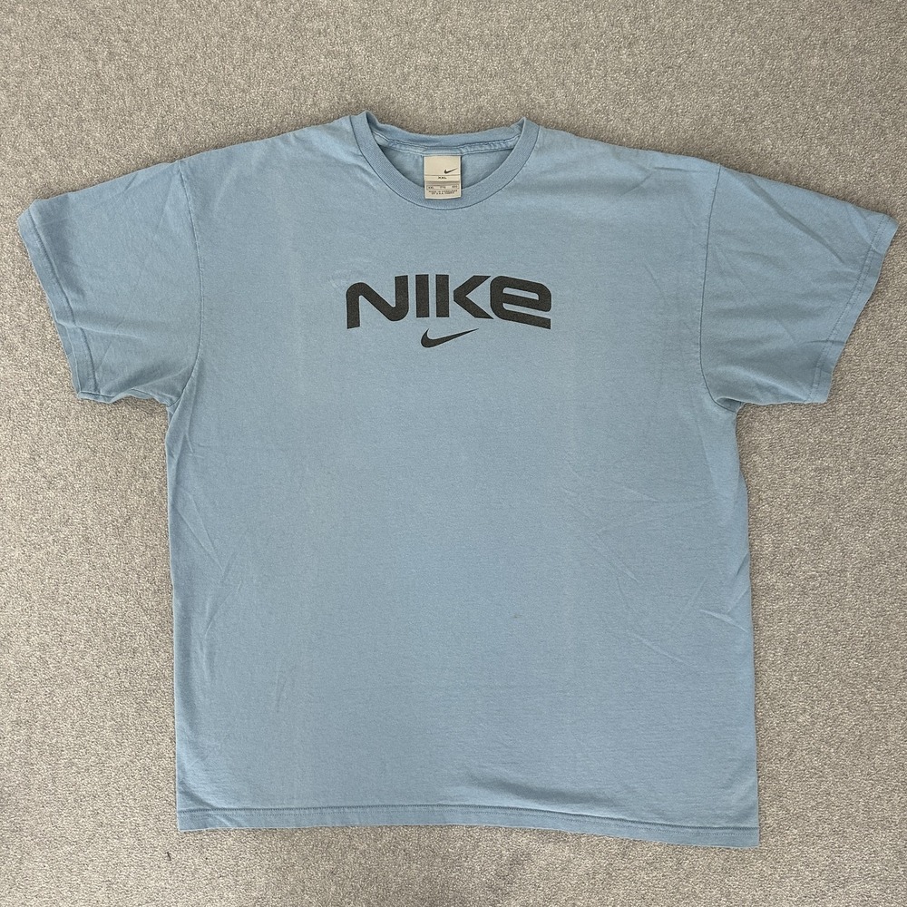 Vintage Y2K Nike Center Swoosh T Shirt‎ 2XL Blue Crewneck Tee Gray Tag Graphic